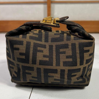 FENDI Zucca Vanity Case Handbag Cosmetic Pouch Brown Canvas Leather Vintage
