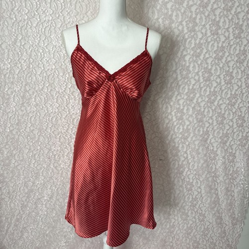 Vintage Adonna Liquid Satin Striped Opaque Mini Bias Cut Slip Dress Size Large - Picture 1 of 15