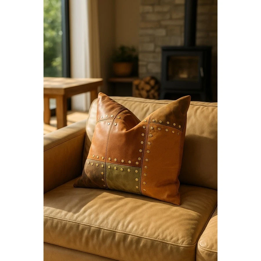 Boho Leather Cushion Cover - Handmade Rustic Tan & Olive Patchwork Pillow - Image 3 of 4