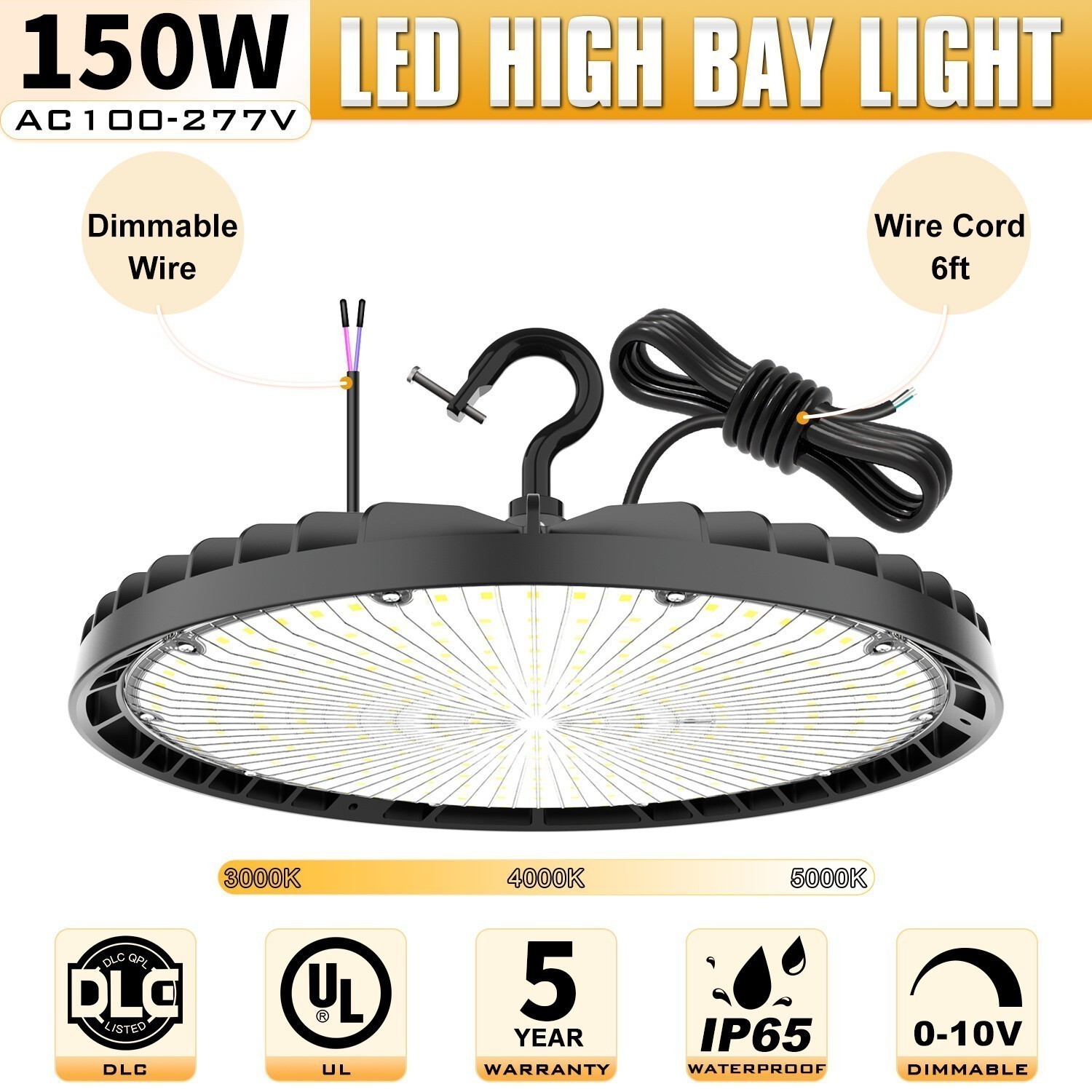 150W UFO LED High Bay light Commercial Warehouse Garage Lamp Adjustable 3K/4K/5K