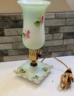 Vintage Hand-Painted Milk Glass Hurricane Lamp - Green Floral Boudoir Light