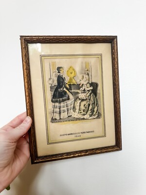Antique Ornate Carved Wood Framed Print Godey's Paris Fashions Americanized 1848