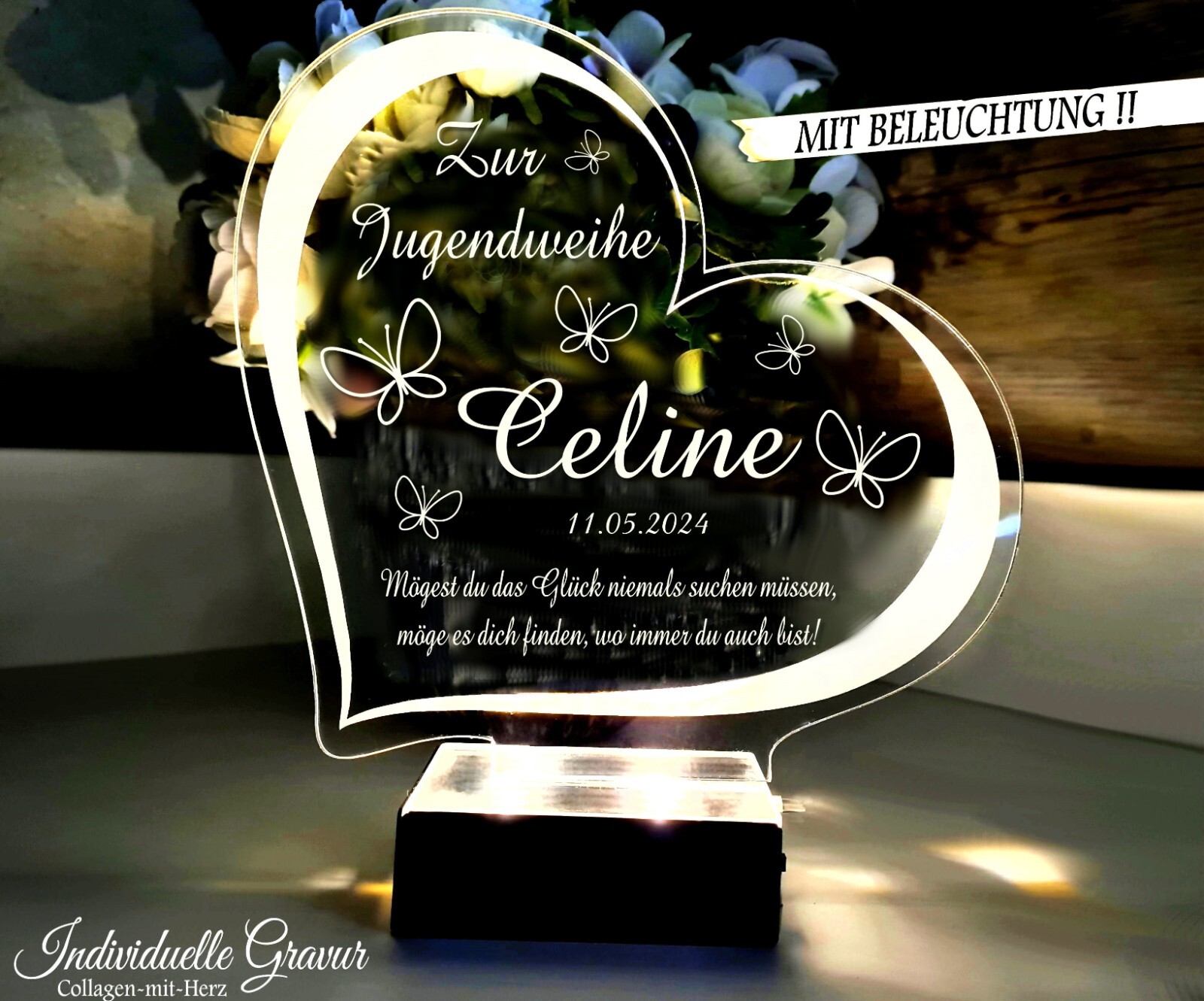 Geschenk Jugendweihe Taufe Kommunion uvm. Gravur LED Beleuchtung Geschenkidee