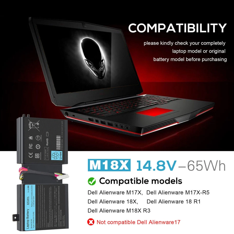 Batería para Dell Alienware 17 18 17X 18X 15 R3 R4 17 R4 R5 Series HF250 9NJM1 Foto 2 de 4