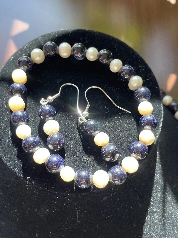 "Juego de aretes pulsera collar perlas y gemas de piedra dorada azul oscuro de 19""" Foto 2 de 4