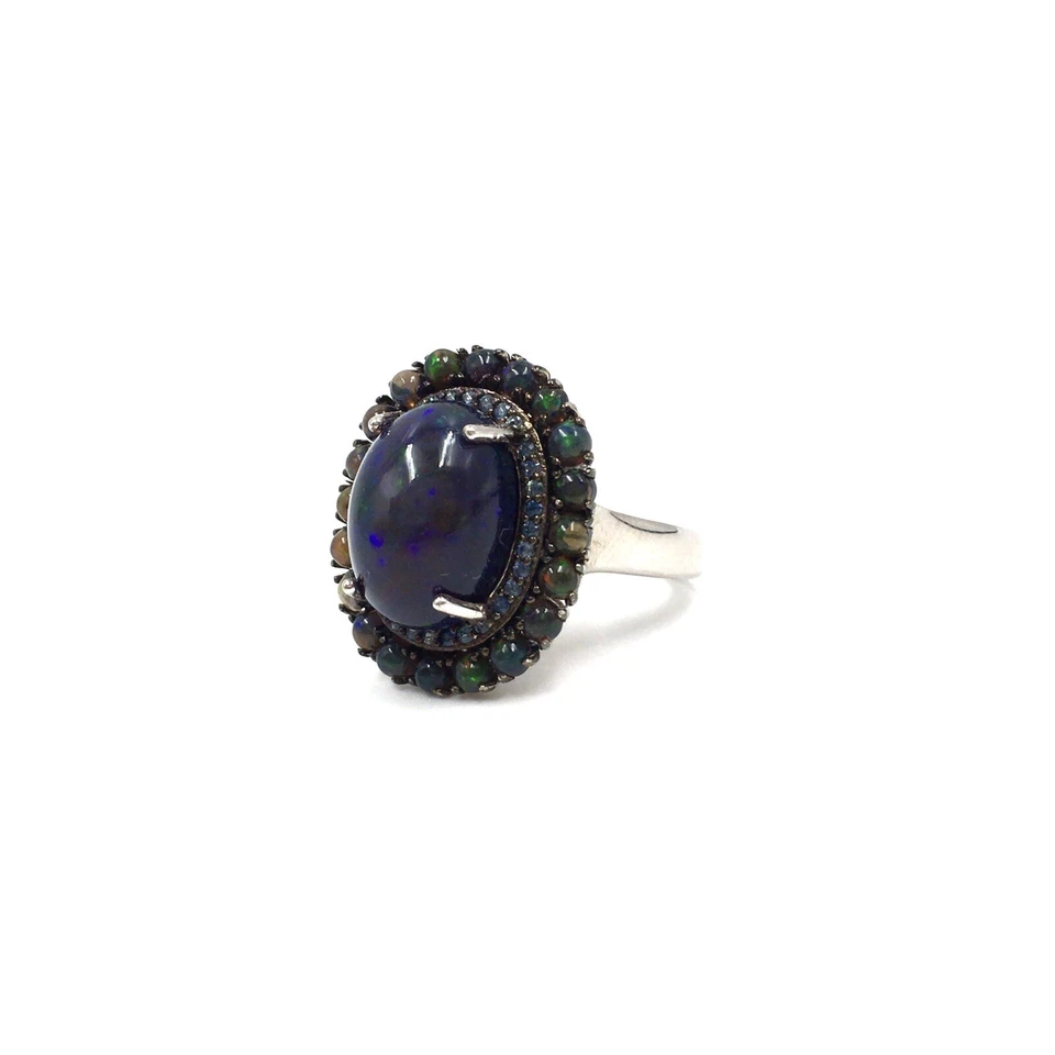 Anello in argento sterling 925 opale nero 5,76 ct opale pieno topazio blu 17,... - Immagine 4 di 4