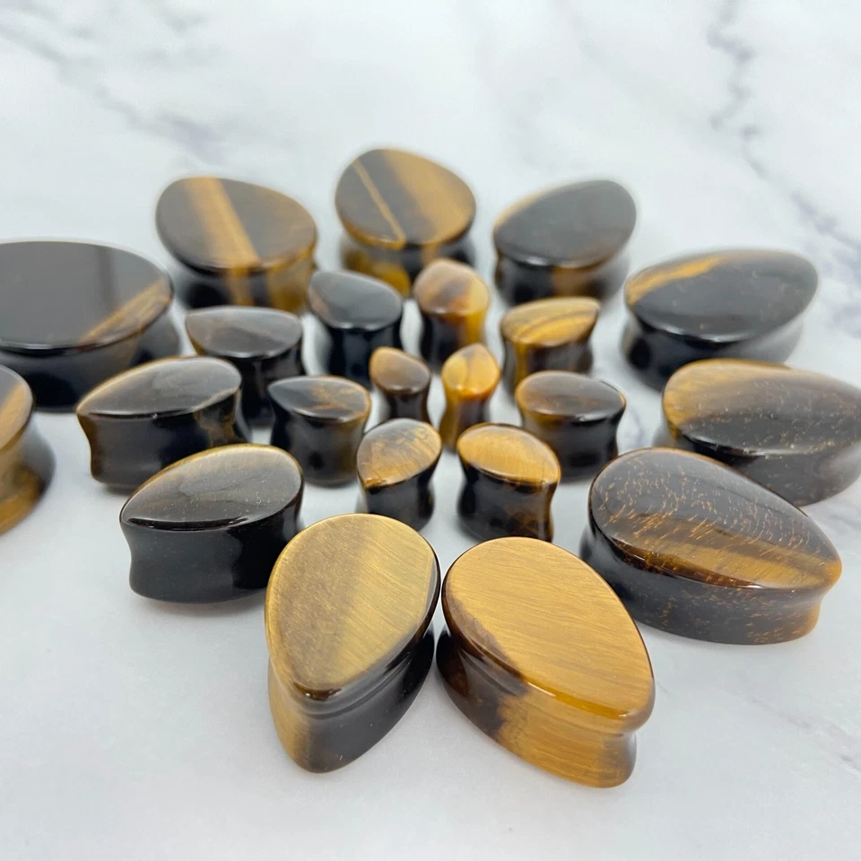 Par de tapones para lágrimas de piedra de ojo de tigre juego medidores de oído ELIGE EL TAMAÑO Foto 3 de 4