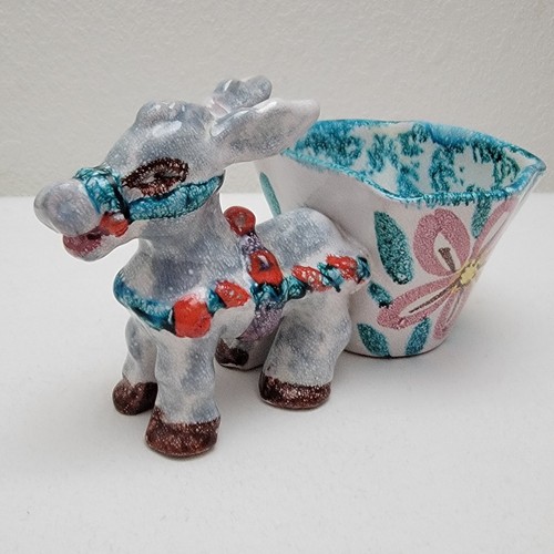 Vintage Italian Donkey Planter Hand Painted Clay Pottery Floral Farm Cart Rustic