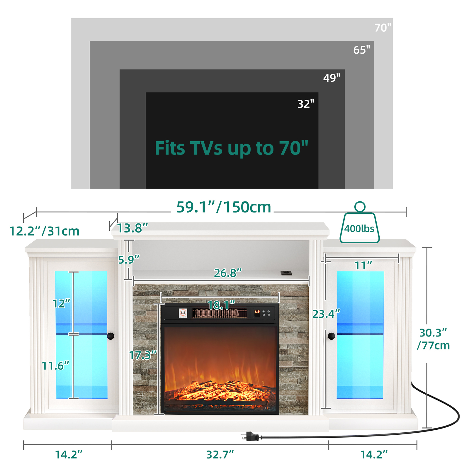 LED Fireplace TV Stand With Power Outlets & 18" Fireplace for TVs up to