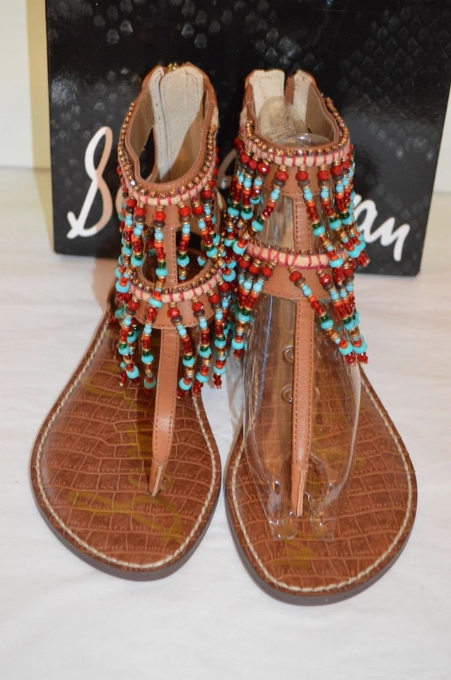 New $130 Sam Edelman Gabriel Saddle Brown Leather Sandal Bead Thong Boho 7.5 - Image 2 of 4