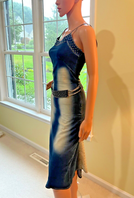 Balizza Denim Dark/Light Blue Spaghetti Straps Studded Belt Dress FANCY! |  eBay