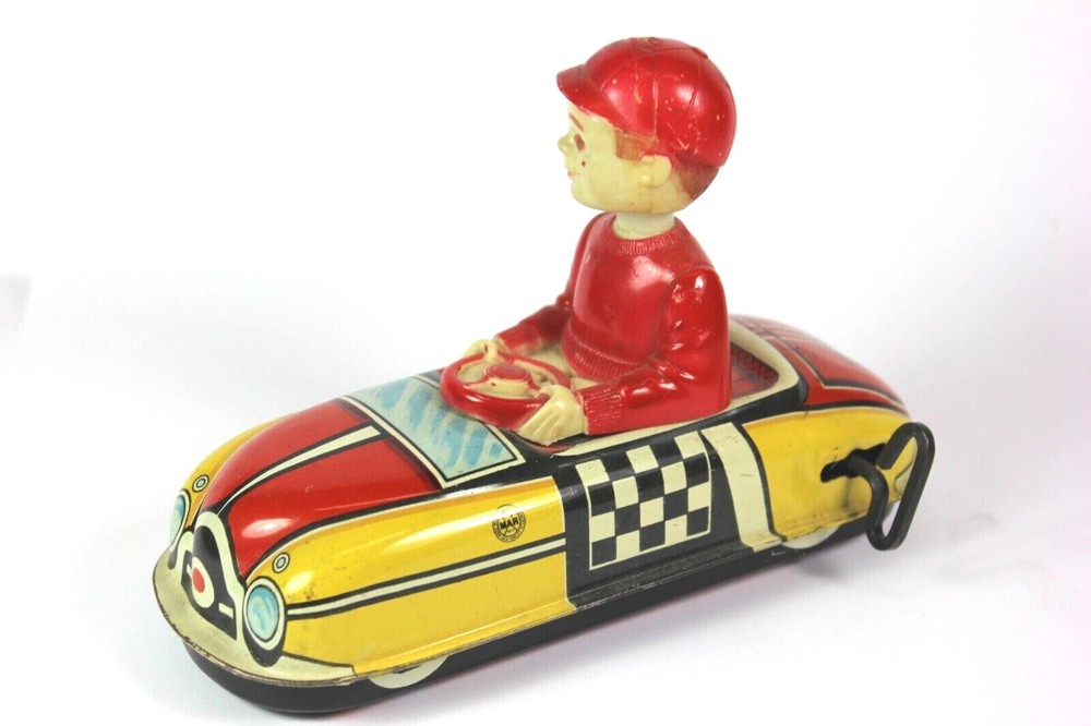 Vintage1950's MARX Tin  Windup Race Car with Plastic Bobble Head Driver - WORKS