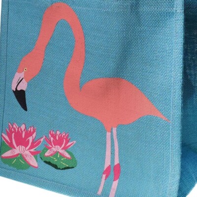 Jute shopping bag FLAMINGO grocery bag reusable tote blue