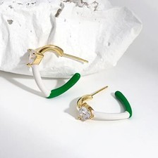 White and Green Enamel Heart Small Hoops