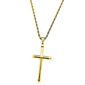 Authentic 24K Gold Plated Rope Chain Cross Pendant Necklace for Men, Women, Teens - 3mm Mi