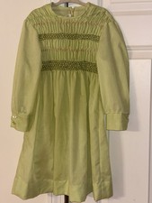 Vintage Polly Flinders Hand Smocked Dress Girls Size 8 Apple Green LS Heirloom