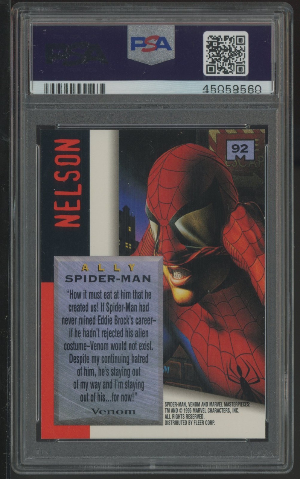 1995 Marvel Masterpieces #92 Spider-Man PSA 10 GEM MINT view 2