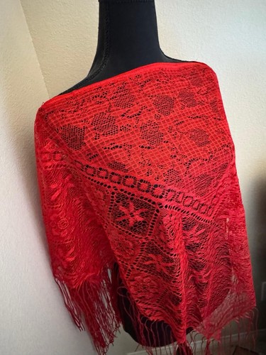 Lace Poncho Womens Fringe Shawl Boho Festival Red Metallic Thread - Picture 4 of 5