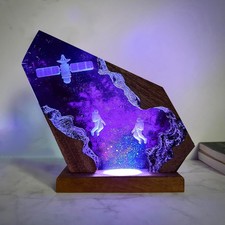 Handcrafted Astronaut Resin Lamp, RGB Galaxy Light with Wood Base USB Chargin...