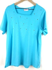 Quacker Factory NWOT Short Sleeve Top Rhinestone Dot Sparkle QVC Large A276853