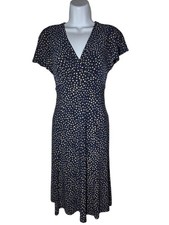 Chaps Navy Blue Beige Spotted V-Neck Midi Flutter Sleeve Stretch Dress S