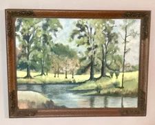 Vintage 1979 Ornate Framed Painting Landscape Stream Trees Rural Folk Art Naive