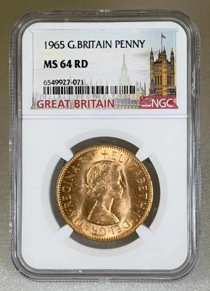1965 GREAT BRITAIN BRITANNIA LARGE COPPER PENNY NGC MS64 RD LOW MINTAGE - Image 3 of 4