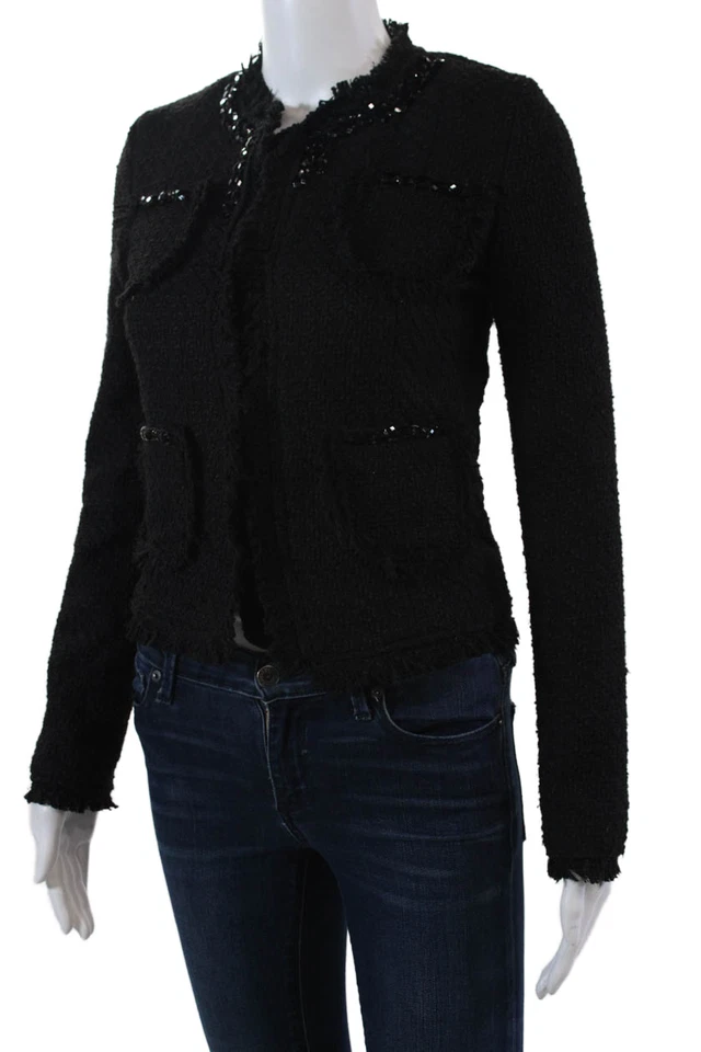 Chaqueta Lola Mujer Botón Frontal Manga Larga Flecos Cristal Borde Negra Talla Pequeña Foto 3 de 4