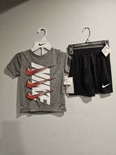 Nike NWT Boys Size 4 Gray T Shirt Black Shorts Red Logo 2 Piece Set Outfit