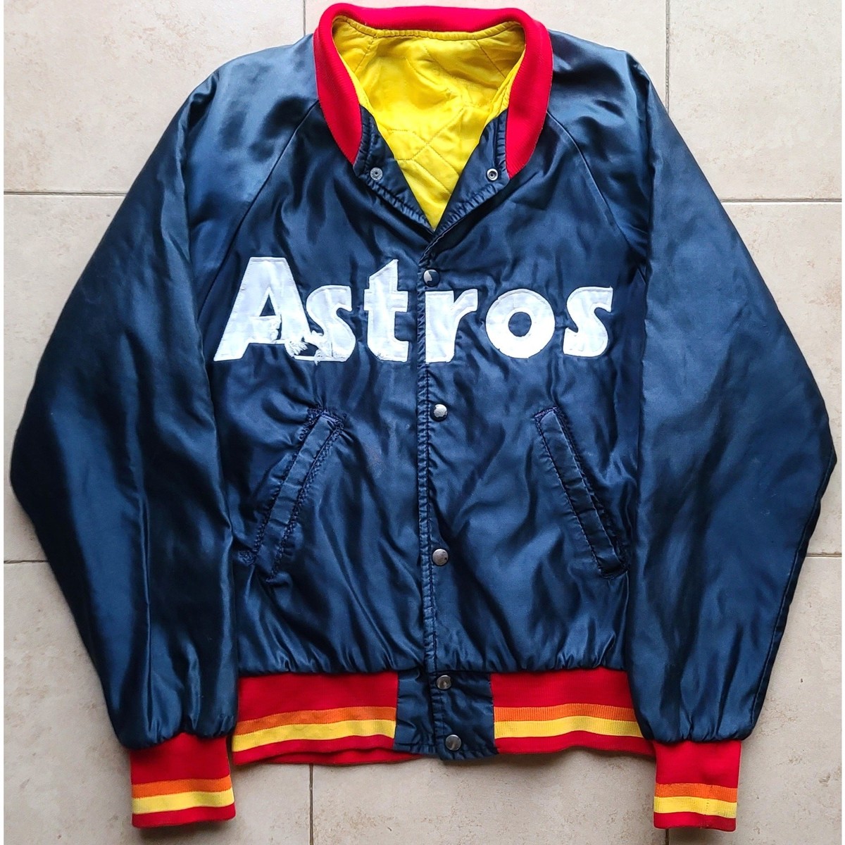 レア！80代　astros スターター　ジャケット Houston Astros 80s STARTER satin bomber jacket Rainbow M navy