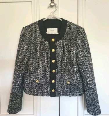 Authentic CELINE Collarless Jacket-Size 36-Black/White Tweed-Made In France 
