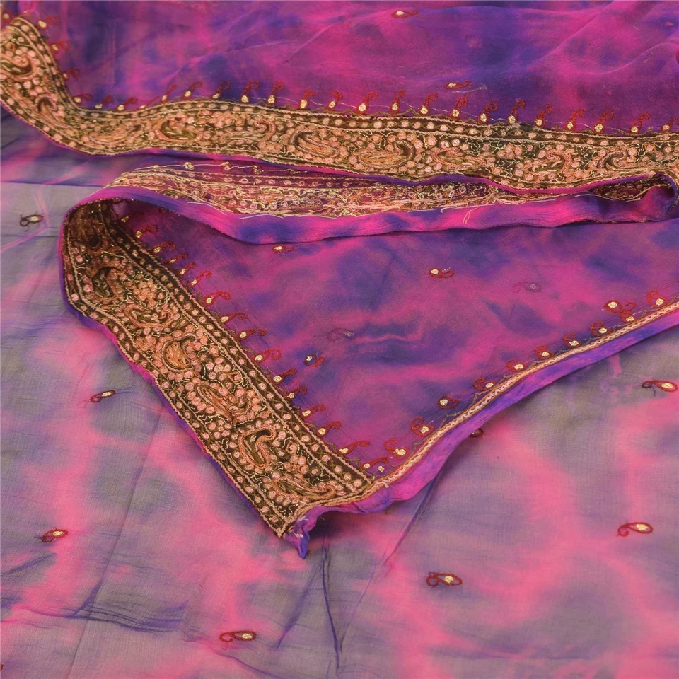 Sanskriti Vintage Largo Dupatta/Estola Pura Gasa Rosa y Azul Tie-Dye Bordado Foto 3 de 4