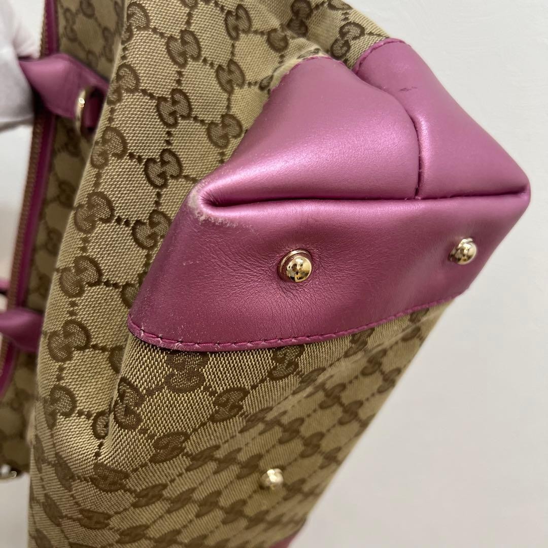 GUCCI Tote Bag Pink Canvas Leather Heart Charm Bamboo Gold Authentic Women's thumbnail 6