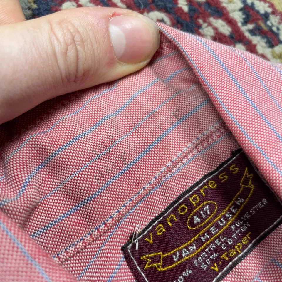 Camisa De Colección Años 60 70 Van Heusen Vanopress Para Hombres Rosa Salmón Rayas Abotonada M-L Foto 4 de 4