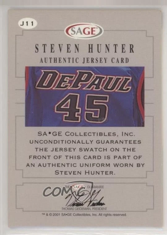 2001 Sage Authentic Jerseys Bronze /300 Steven Hunter #J11 Rookie RC - Image 2 of 2