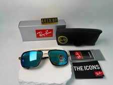Ray-Ban RB4413 Navigator Sunglasses, Black  Gold Frame, Blue Mirror Lens