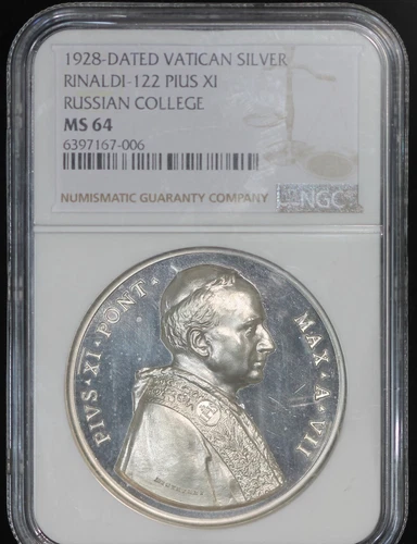 1928 Vatican Silver - Rinaldi-122 Pius XI Russian College NGC MS-64   TQ2337/RNQ