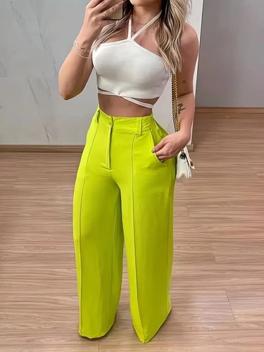 Übergröße Damen grün solide Hose weites Bein High Waist Hose Trouser Gr: 1X Neu