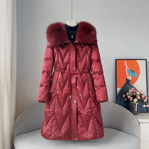Detachable Lapel Fox Fur Women's Long Goose Down Silk Slim Fit Jacket Thick Coat - Bild 6 von 26