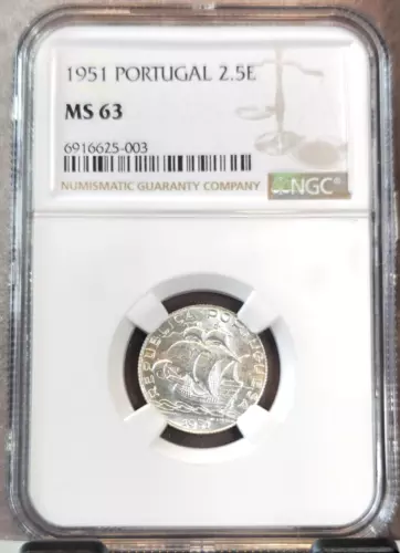 1951 PORTUGAL SILVER 2.5 ESCUDOS SAILING SHIP NGC MS 63 NICE BRIGHT COIN