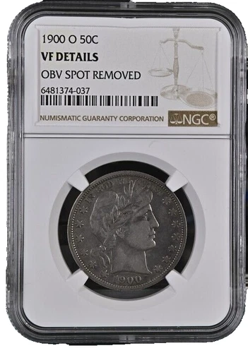 1900-O Barber Half Dollar NGC VF Details OBV. Spot Rem. Silver 50c US Type Coin