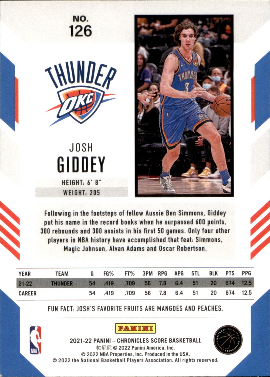 2021-22 Panini Chronicles #126 Josh Giddey Score Rookie RC 2021-22 Panini Chronicles #126 Josh Giddey Score Rookie RC