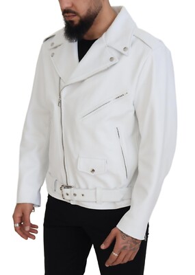 DOLCE & GABBANA Jacket White Leather Biker Coat Zipper IT46/US36/S