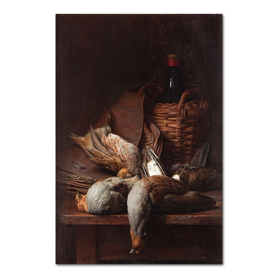 Bodegón de pájaros y vino clásico lienzo pintura retro arte de pared impresión Foto 4 de 4