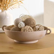 Distressed Taupe Ceramic Low Stone Bowl – Elegant Decorative Centerpiece