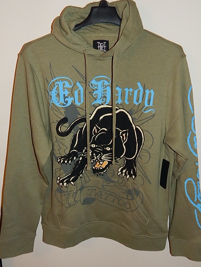 Ed Hardy Mens Army Green Panther Tattoo Hoodie Sweater Size L Authentic