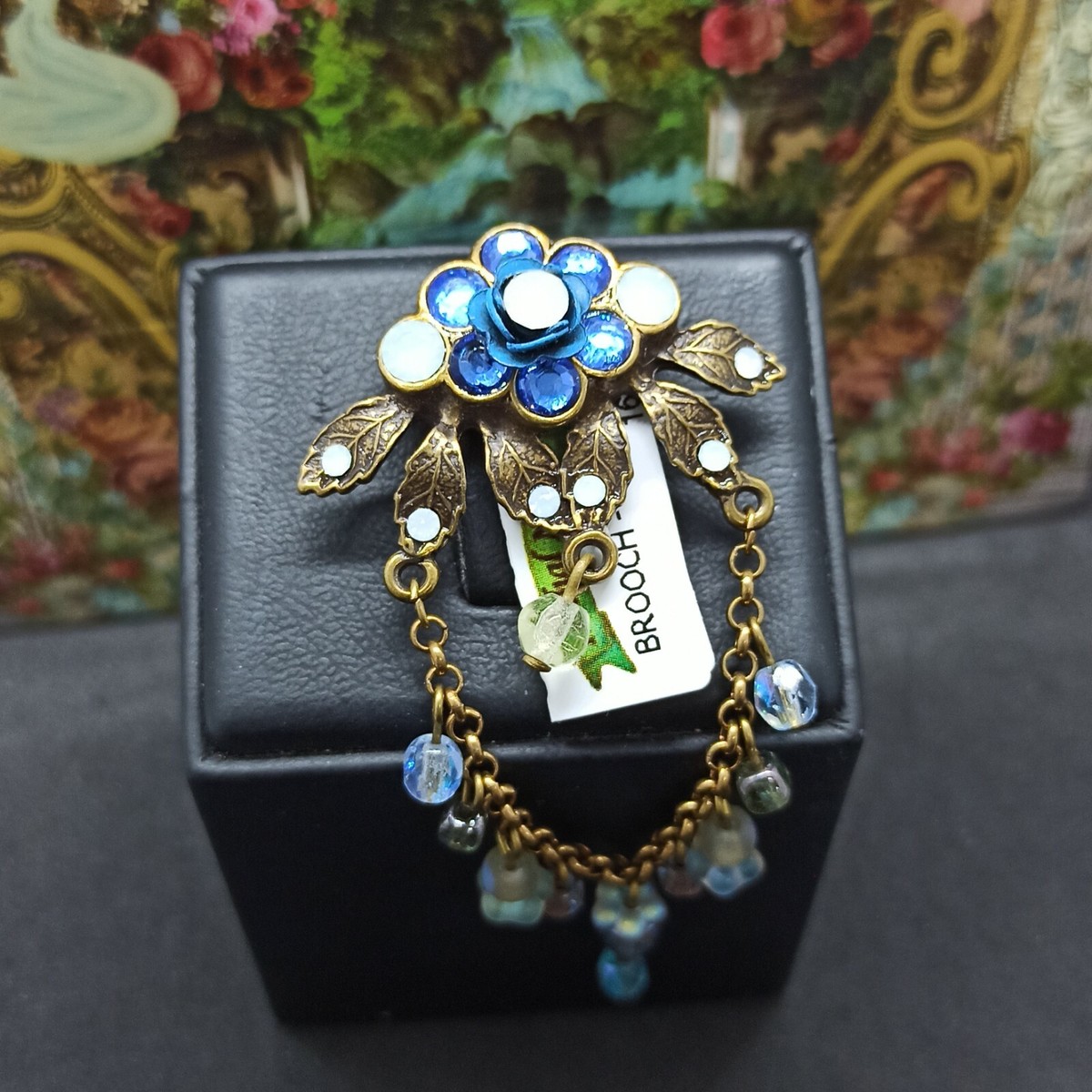 Michal Negrin Brooch Pin Chandelier Rose Flower & Blue Swarovski