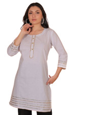 Women's Plain White Kurta Embroidery Tunic Top 3/4 Sleeves Indian Ethnic Casual