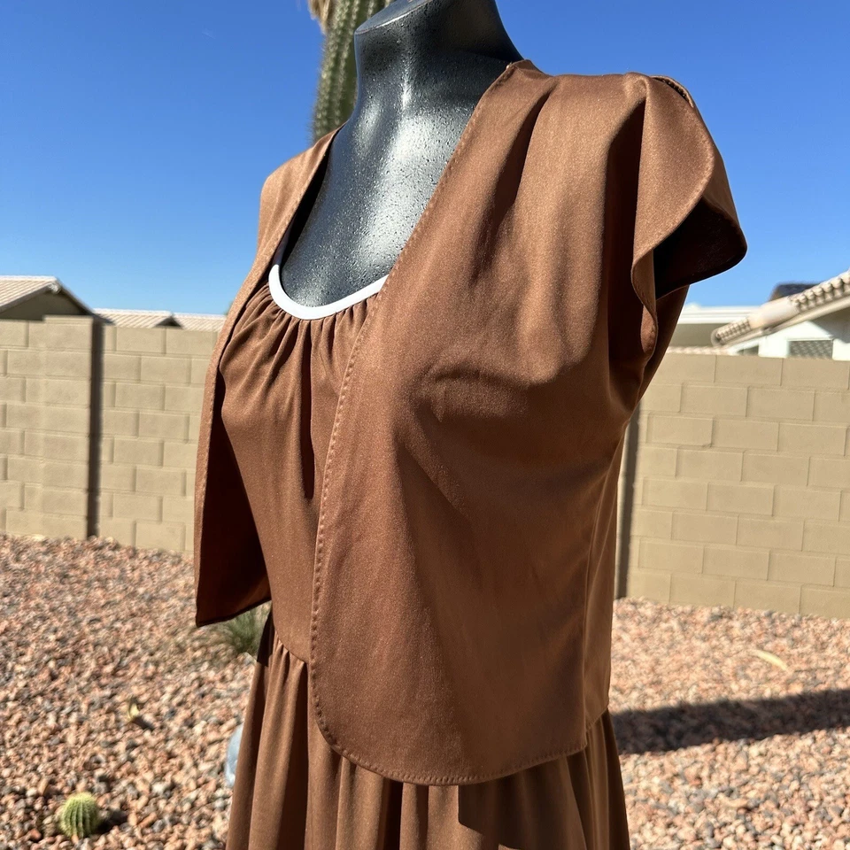 Conjunto Bolero Vestido Mariposa Plisado Marrón Alfred Shaheen Vintage Años 70 Talla 8 Foto 4 de 4