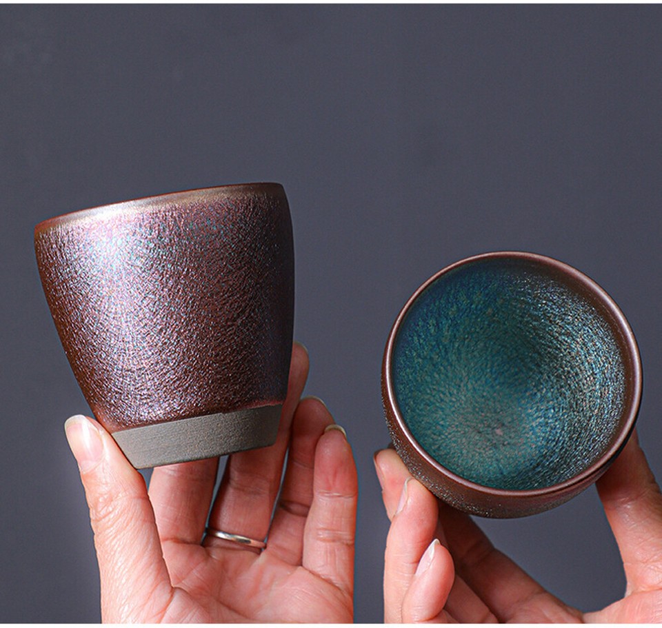 Pck of 2 Tenmokus Tea Cups Porcelain Tea Set Kiln Fired Natural Pattern